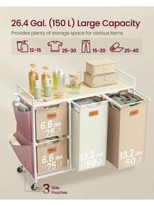 Laundry Hamper With 4 Compartments, 150 L Laundry Sorter, Rolling Laundry Cart With Shelves, Removable Liners, 6 Labels, Camel Brown And Cream - Camel - View 2