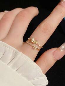1pc Butterfly Shaped Double Ring, Personalized Design, Elegant Finger Ring, Fashionable & Unique Open Ring - 1pcs - View 2