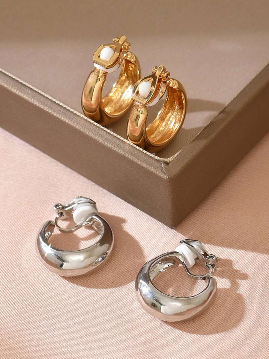 2pcs Minimalist Geometric C-Shaped Clip-On Earrings, Painless Metal Non-Pierced Earrings, Suitable For Daily Commute Wear - Clip - View 1