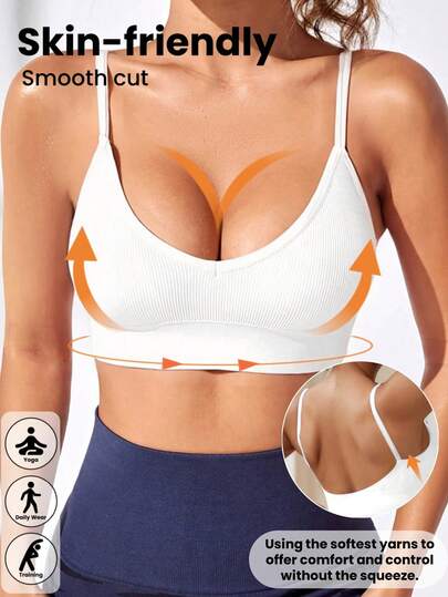 1pc Solid Color Casual Racerback Sports Bra For Women, Seamless Comfortable Thin Strap Sexy V-Neck Fashion Sports Camisole, Suitable For Daily Wear, Yoga