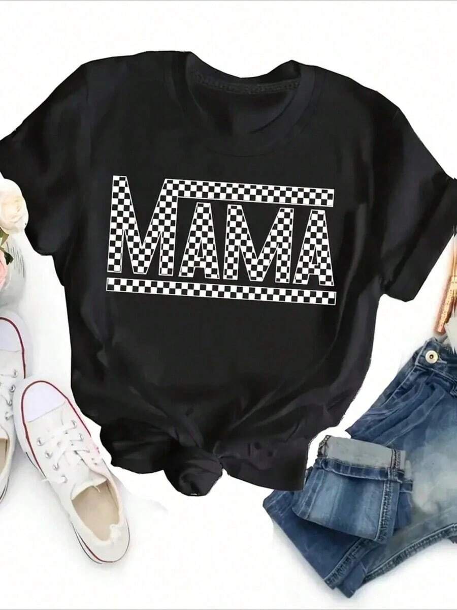 Women's-ShirtPAYEAH 1pcs Cotton Mama Letter Print Crew Neck-Shirt - Soft Mid-Elasticity Polyester Short Sleeve Top Spring & Summer - Relaxed Fit, Casual, Alphabets Pattern, Positioning Printing, Regular Length, Knit Fabric, All Seasons Wear Heavy Cotton ShirtFashionable Women's Clothingshirts,Clothes,White Top,Graphic Tee,Suitable Gym, Workouts, Everyday Casual Wear, And Street Style. Summer Outfits For Women - màu đen - Xem 1