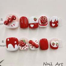 Kids Handmade Strawberry Nail Art Stickers, Hand-Painted Cute Cartoon Nail Strips, Short Style For Kids, S/M/L Size