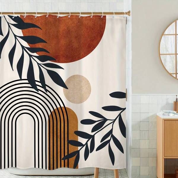 Bohemian Abstract Mid-Century Shower Curtain Set, Brown Geometric Leaves Neutral Modern Minimalist Aesthetic Arch Sun Plant Decor Shower Curtain Room Decor Bathroom Accessories Back To School Bathroom Decor