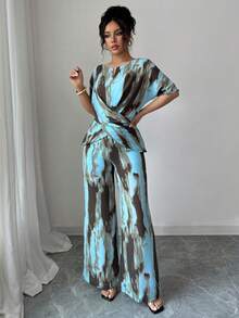 2 Pieces Casual & Elegant Random Print Short Sleeve Shirt & Long Pants Suit, Suitable For Home And Office, Summer - Blue - View 3