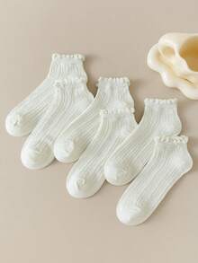 6 Pairs Women's Beige Short Socks, Cute All-Season Versatile Casual Socks, Cable Knit Socks, JK Style Small White Socks, Princess Socks, Spring/Summer - Beige - View 2