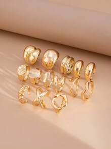 14pcs/Set Minimalist Punk Fashion Multi-Element Asymmetrical Wave Geometric Round Water Drop Rings, Vintage Metal Gold Color Thick Ring Set, Suitable For Women Daily Wear, Holiday Decoration, Party Outfit, Festival Gift