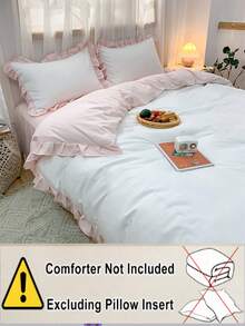 3pcs White & Light Pink Floral Lace Dorm Bedding Set, 2 Pillowcases 1 Duvet Cover, Machine Washable, No Filling - White - View 4