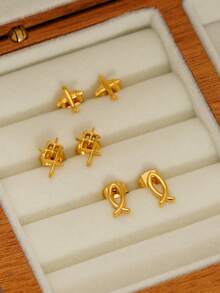 1 对钛钢不对称心形耳环，18K 不锈钢，优雅女士耳环 - 金色 - 查看 2