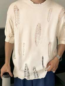 ANDREILEE Casual Loose Fit Ripped Design Crew Neck Short Sleeve T-Shirt, Streetwear Style For Men, Spring/Summer - Apricot - View 1