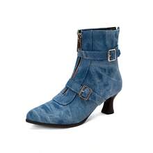 Fashionable For Women Denim Ankle Boots Low Kitten Heel Pointed Toe With Zip Buckles Strap Boots Casual Dress Party Wedding Halloween Denim Blue Short Boots Women - 藍色 - 查看 8