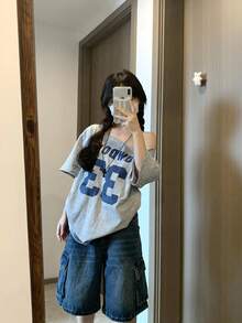 Estados Unidos quiere camisetas de manga corta con hombros inclinados y hombros abiertos. las mujeres son relajadas, simples, delgadas, dulces y picantes en verano. - Gris - Ver 2