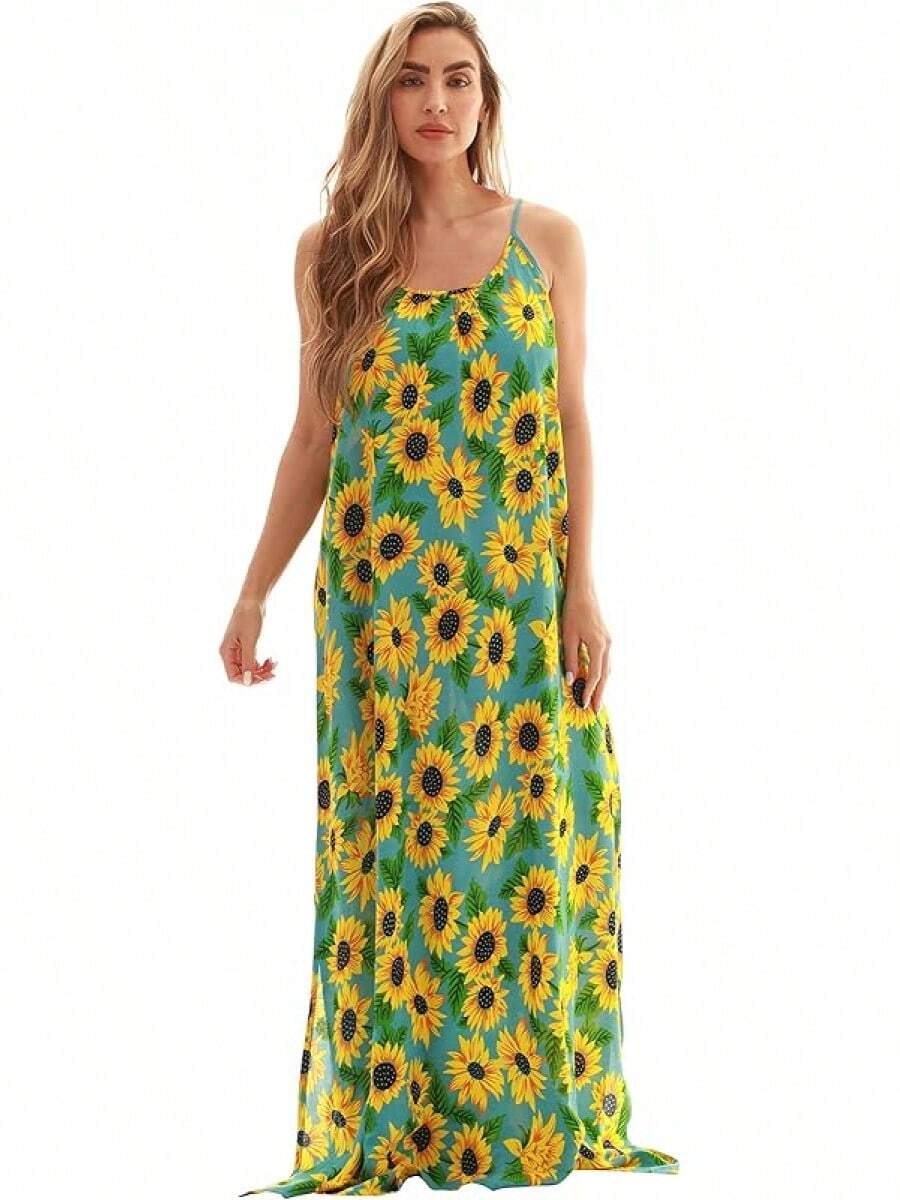 Tie Dye Spaghetti Strap Maxi Dress - Green - View 1