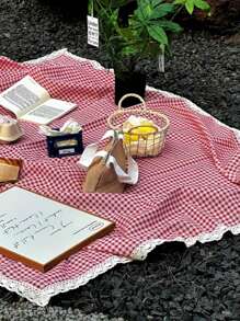 1 pieza Manta de picnic tejida a cuadros rosados, estilo granja americana con encaje, gruesa y de uso múltiple para campamento, playa, sofá, comidas al aire libre y relajación, decoración del hogar