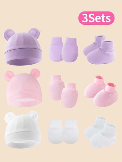 3pcs Set Newborn Baby Ear Hat + Anti-Scratch Mittens + Foot Cover, Multi-Color, Suitable For Daily Wear