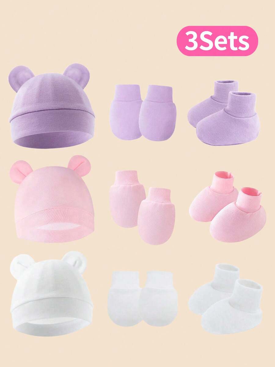Bộ 3 món mũ tai cho trẻ sơ sinh + găng tay chống trầy xước + bao chân, nhiều màu, thích hợp để đội hàng ngày - Nhiều màu - Xem 1