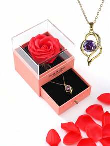 1 Set Artificial Rose Gift Box Necklace, "I Love You" In 100 Languages Necklace, Mother's Day, Valentine's Day Gift For Mom, Wife, Daughter, Grandma, Granddaughter