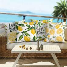 4 件套户外斜纹枕套舒适柠檬印花抱枕套 - 柔软舒适的床上用品，清新柑橘设计，适合家居装饰拉链闭合庭院沙发装饰 - 黃色 - 查看 5