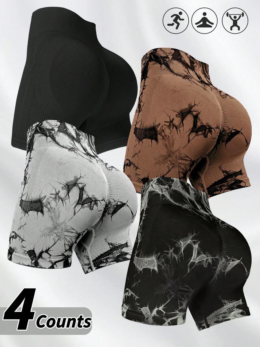 4条装女士扎染无缝瑜伽短裤，用途广泛，适合户外攀岩、日常穿着、健身房、运动等夏季活动。 - 彩色 - 查看 1