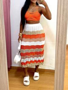 Women Crochet Knitted Hollow Out Halter Crop Top And Colorblock Textured Pattern Semi Sheer Long Skirt Set Two Piece Outfit - 橘色 - 查看 1