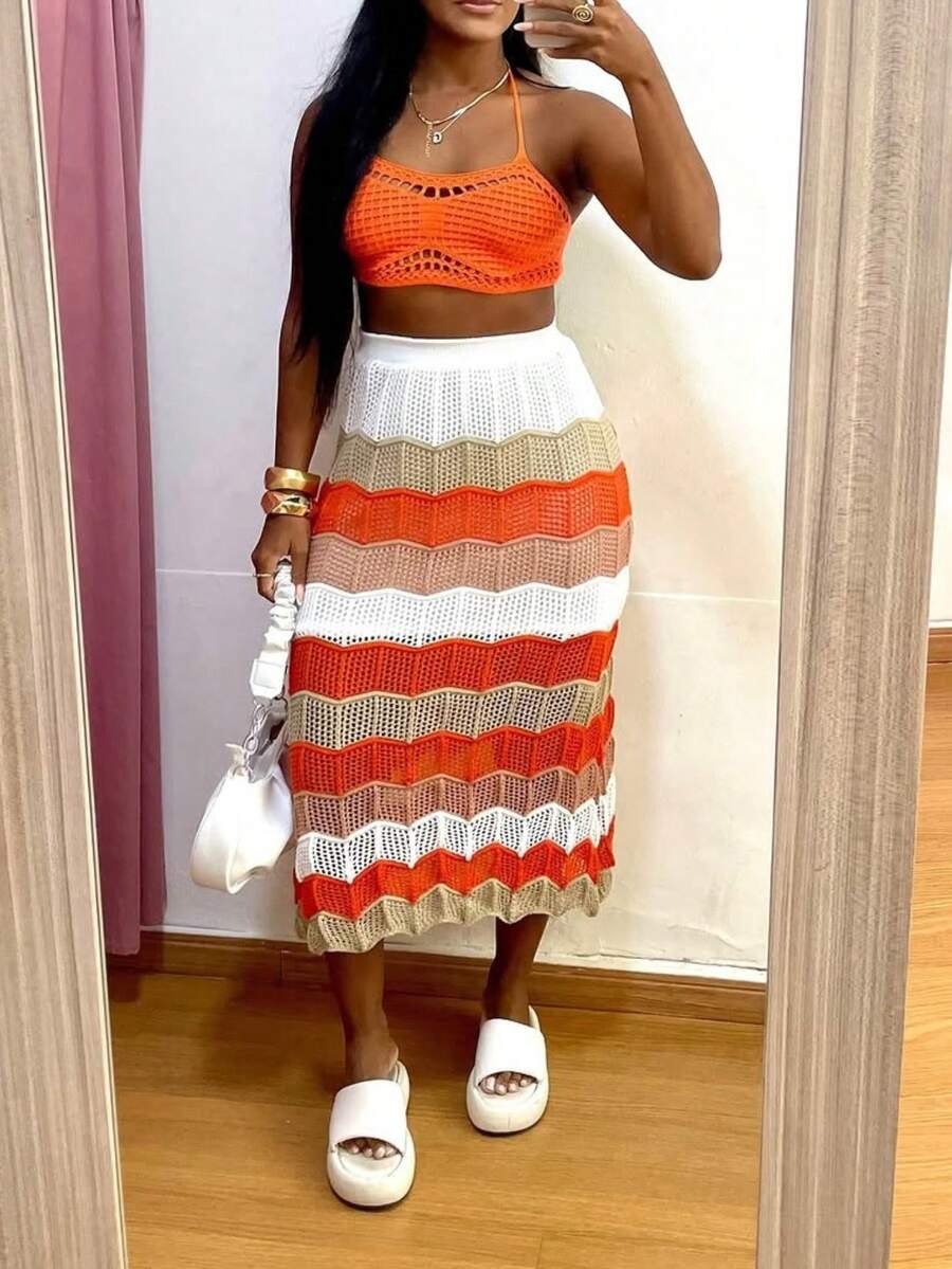 Women Crochet Knitted Hollow Out Halter Crop Top And Colorblock Textured Pattern Semi Sheer Long Skirt Set Two Piece Outfit - 橘色 - 查看 1
