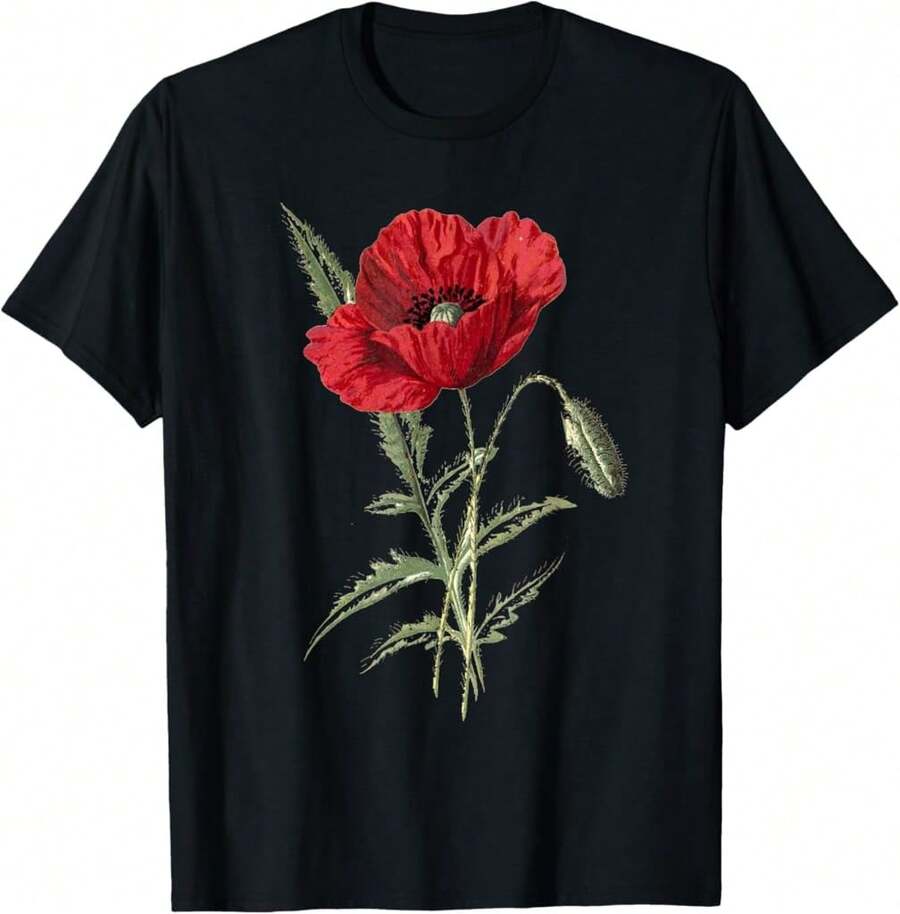 Red Poppy Flower, Red Botanical Poppies, Poppy T-Shirt Gift For Fitness Lovers - Black - View 1