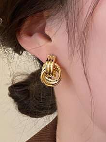 1pair Bridal Exaggerated Simple Stylish Asymmetrical Summer Hollow Hoop Out Several Circle Round Entwined Texture Mixed Multilayer Circle Twist Knot Gold Color Earrings Multi-Layered Wrap Stud Earrings For Women Wedding Party Banquet Gift Jewelry