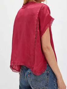 Women Satin Lace Patchwork Tie Front Shirt Top Y2k Short Sleeve V Neck Button Down T Shirts Tops Blouse Boho Flowy Peplum Vests Tank Tops Summer Going Out Tops Aesthetic Clothes Beach Vacation Wear - Đỏ - Xem 3