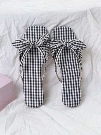 Chinese Style Checkered Bow Flat Sandals, Beach Casual Wear Slippers, Minimalist And Fashionable
