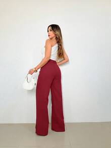 Women's Striped High Waist Wide Leg Trousers, Lightweight, Casual, Formal, Stylish And Elegant - 酒紅色 - 查看 2