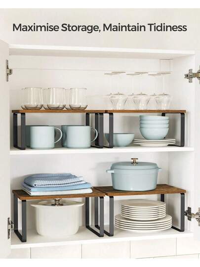 Spice Rack, Set Of 2 Cupboard Shelf Organiser, Expandable Kitchen Shelf Organiser, Stackable Spice Holder, Metal And Engineered Wood, Black And Rustic Brown