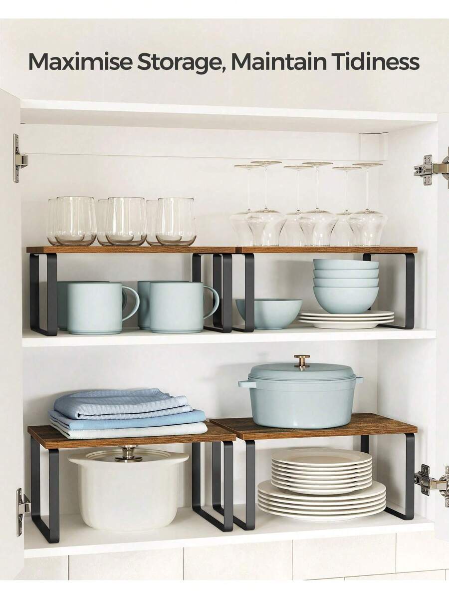 Spice Rack, Set Of 2 Cupboard Shelf Organiser, Expandable Kitchen Shelf Organiser, Stackable Spice Holder, Metal And Engineered Wood, Black And Rustic Brown - Rust Brown - View 1