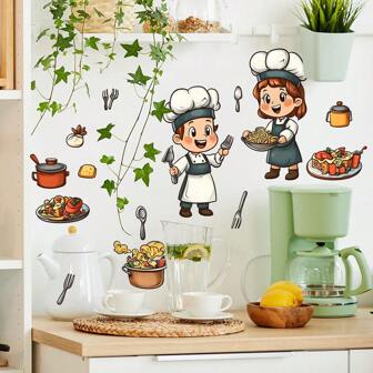 1 件卡通厨师食物厨房贴纸防水 PVC 贴纸自粘易撕适用于厨房餐厅墙贴客厅家居装饰让你的家焕然一新节日装饰贴纸生日毕业礼物