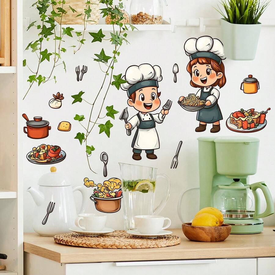 1 buah Stiker Dapur Koki Kartun Tahan Air PVC Perekat Mudah Dilepas Cocok untuk Dapur Restoran Stiker Dinding Ruang Tamu Dekorasi Rumah Segarkan Rumah Anda Stiker Dekorasi Liburan Hadiah Ulang Tahun Wisuda - MultiWarna - View 1