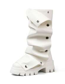 Women Mid Calf Boots Platform Heels Ruch Boots Knee High Fold Over Chunky Heel Short Booties Round Toe Wide Calf Pull-On Shark Boots Daily Party Y2K Dress Boots For Woman - trắng - Xem 6