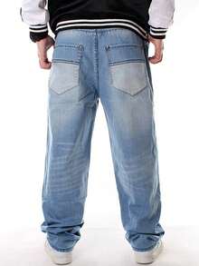 Men's Casual Jeans And Pants, Men's Solid Color Basic Loose And Oversized Street Dance Clothing, Skateboarding Hip-Hop Straight Leg Jeans, Suitable For All Seasons - 淺色水洗藍 - 查看 6