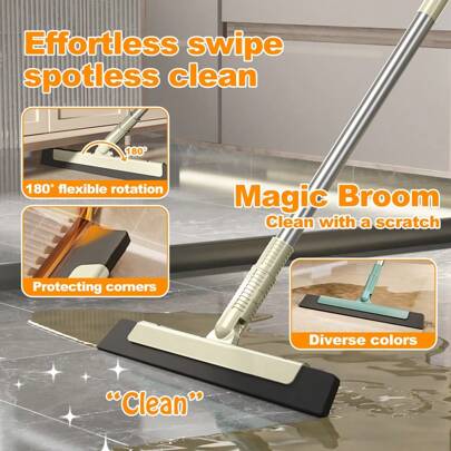 Floor Wiper,Magic Broom, Floor Cleaning Squeegee Sweeper, Water Hair Removing Wiper, 180-Degree Flexible Rotation, Stainless Steel Handle, For Hard Floors, Cleaning Pet Hair, Kitchen Or Toilet Cleaning, Bathroom, Office Rooms, Garage ,Household Cleaning