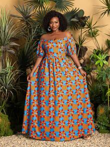 Faeriesty TribalChic 大码露肩花卉印花连衣裙 - 短袖夏季长裙，适合海滩度假、周末出游、日常穿着、野餐日和休闲聚会