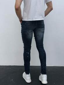 Men's Dark Wash Bandana Patch Skinny Jeans With Rips And Paint Splatter - Grey - View 2