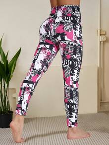 Women's Casual Fashion Black Leggings With Pink Tie-Dye Letter Print, Stretchy Skinny Pants For Fitness Training, Yoga, Home, Outdoor Activities, Hiking, Camping, Travel - Black and Red - View 2