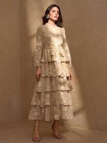 Elegant Embroidered Fabric Full-Button Front Multi-Layer Luxurious Princess Dress For Women - Khaki - View 1