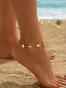 1pc Creative Ocean Style Summer Beach Vacation Shell & Conch Chain Pendant Anklet, Versatile Everyday Wear - Yellow Gold - View 2