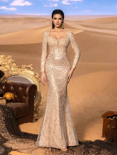 Faeriesty Haute Glamour Elegant Glamorous Beaded Mermaid Gown With Sweetheart Neckline & Pearls Detail – Long-Sleeved Sheer Fabric Design For Luxury Gala Events & Red Carpet Glamour