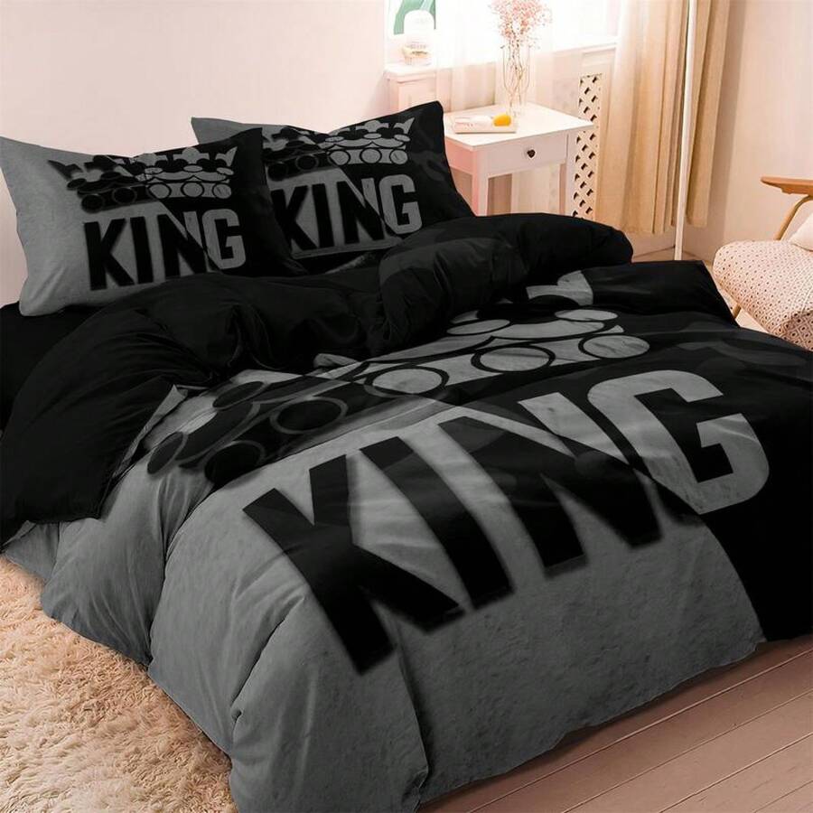 Crown King Print Bedding Set, 3 Counts/Set Including 1 Duvet Cover & 2 Pillowcase Without Filler, Soft Comfortable Bedding Set Bedroom, Guest Room - EU Single - View 1