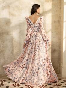 Faeriesty 印花优雅花卉印花长裙，修身紧身胸衣和甜心领口 - 主教袖和深 V 形背部细节，适合花园派对、户外婚礼和春季庆典 - 珊瑚粉 - 查看 2