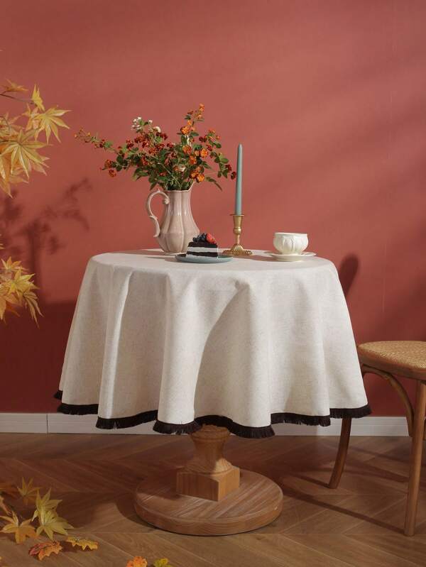 1pc Bamboo Knot Fringed Round Tablecloth, Linen Dust-Proof Design Suitable For Wedding, Holiday Party, Daily Home Use, Decorative Tabletop