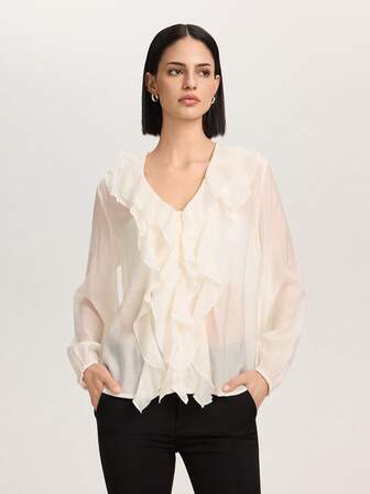 女式纯色荷叶边V领长袖衬衫