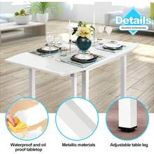 Dining Table And Set Of 2/4 Chairs, Drop Leaf Kitchen Table With PU Leather High Back Chair - White Table + 2 Gray Chairs - View 4