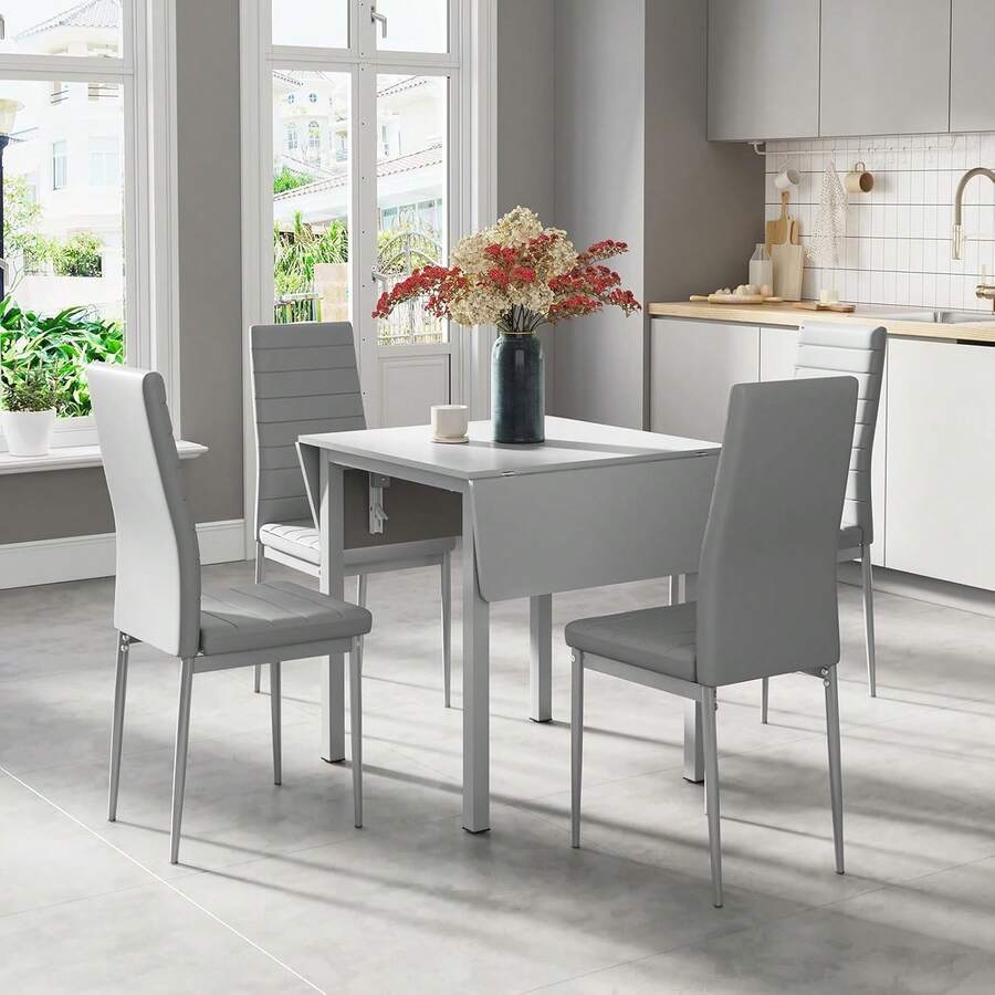 Dining Table And Chairs Set Of 4, Drop Leaf Folding Grey Kitchen Table With Grey PU Leather High Back Chair For Dining Room, Kitchen
