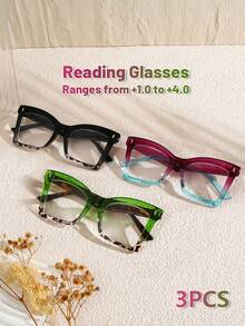 LiMiaoMiao 3/4pcs  Cat  Eye    PC    Reading Glasses For Women And Men Suitable For All Seasons  Leopard Print Black, Green, Purple, Fashionable Computer Reading, Clear Magnification+1.0 To+4.0 Presbyopia Glasses - 4pcs(Black+Green+Purple+Brown) - 查看 9