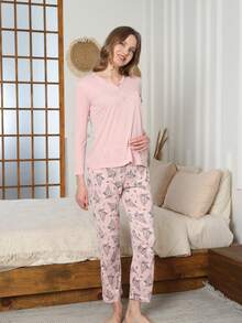 Set di pigiama con top a maniche lunghe e pantaloni lunghi con stampa floreale - Rosa - Visualizzare 4